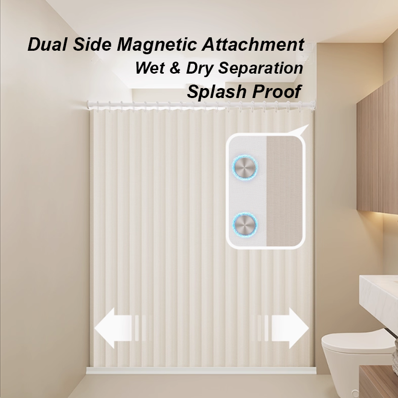 Heavy Duty Foldable Shower Curtain with Double-Sided Magnetic button, Windproof & Non-Stick, No-Drill Installation
