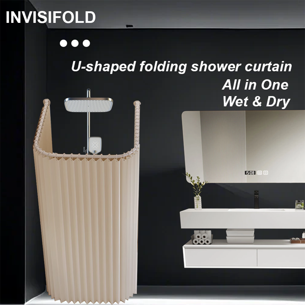 U-Shaped Magnetic Folding Shower Curtain Set - 230g/m² Thickened Faux Linen Waterproof Fabric - Drill-Free Installation