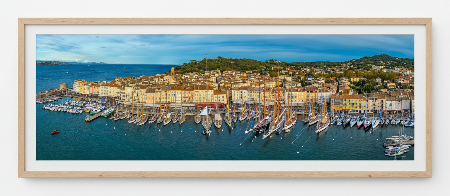 Panorama encadré du port Saint-Tropez pendant les Voiles de Saint-Tropez 100 x 40 cms