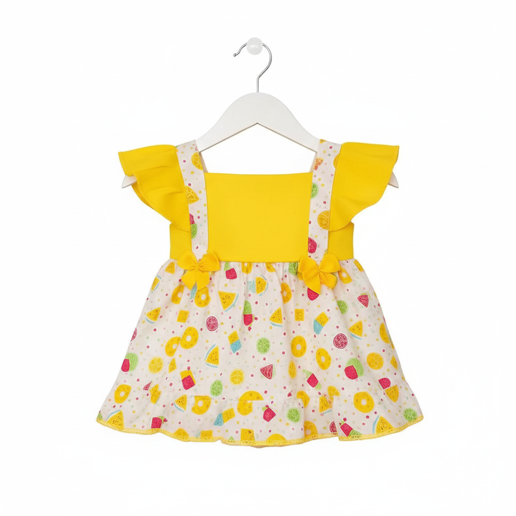 Vestido infantil amarelo com estampa de frutas