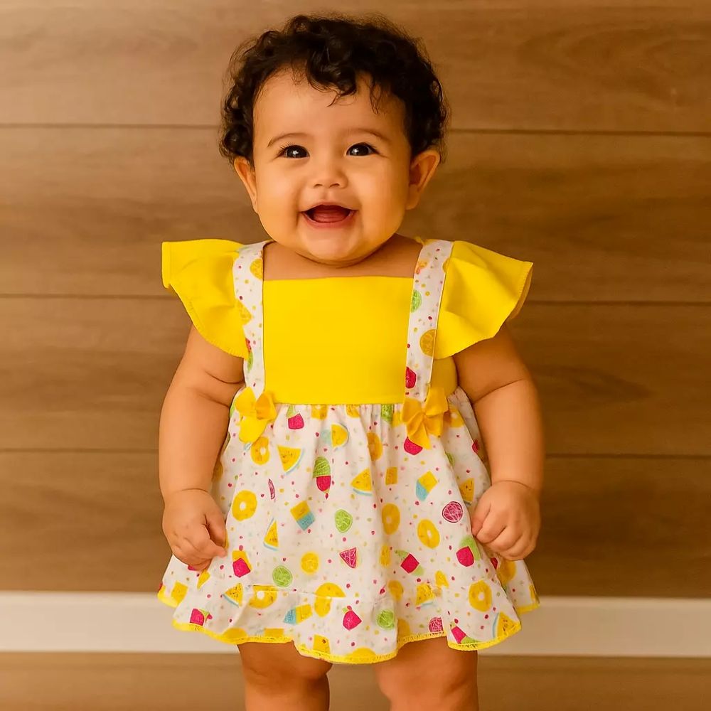 Vestido infantil amarelo com estampa de frutas