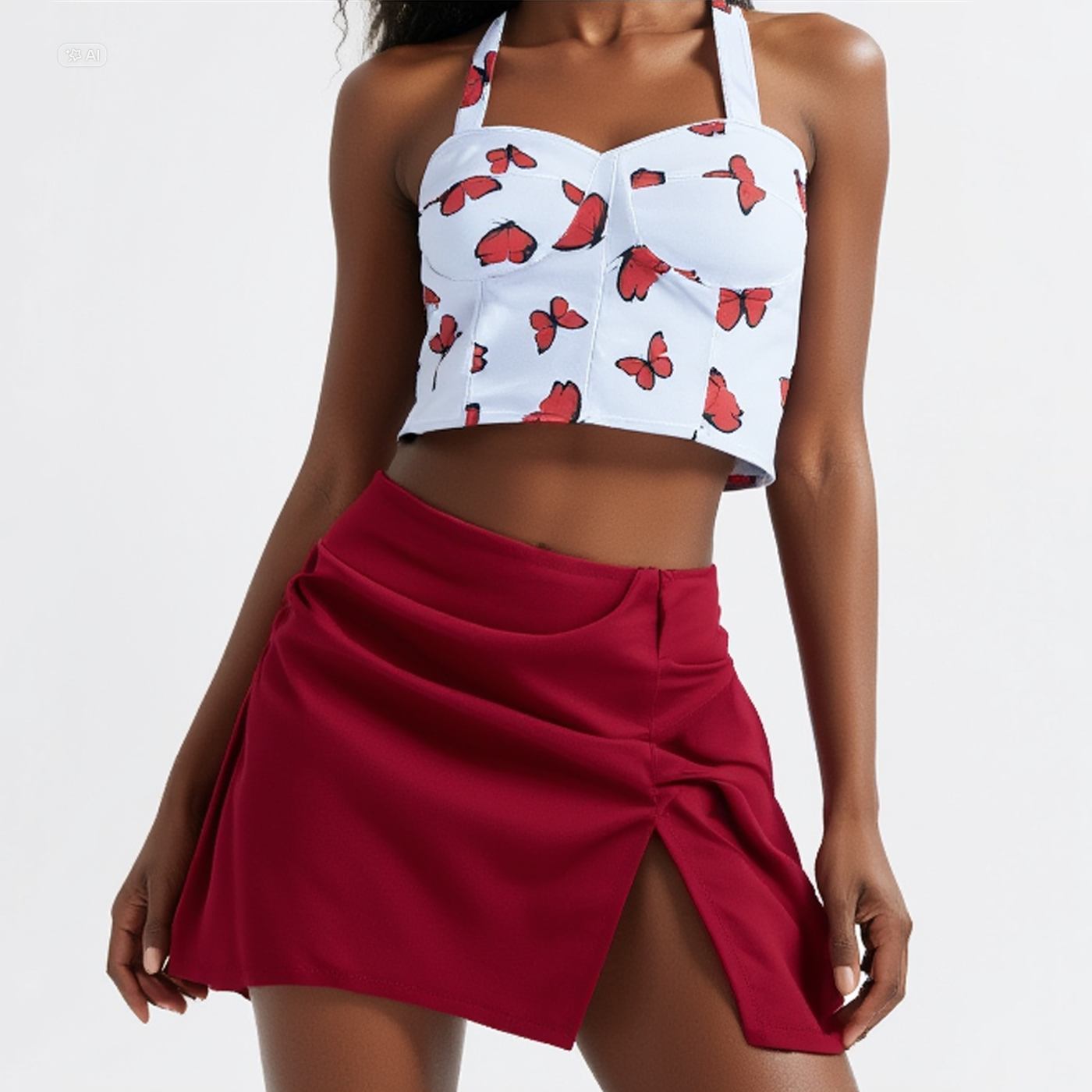 Conjunto Cropped Mariposas y Falda Roja