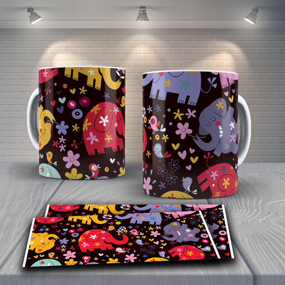 Caneca colorida com elefantes