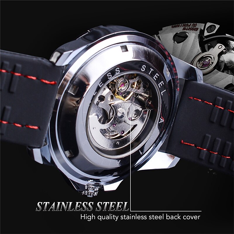 WINNER Men's Outdoor Automatic Mechanical Watch – Luxury Black Skeleton Design with Luminous Hands & Rubber Strap