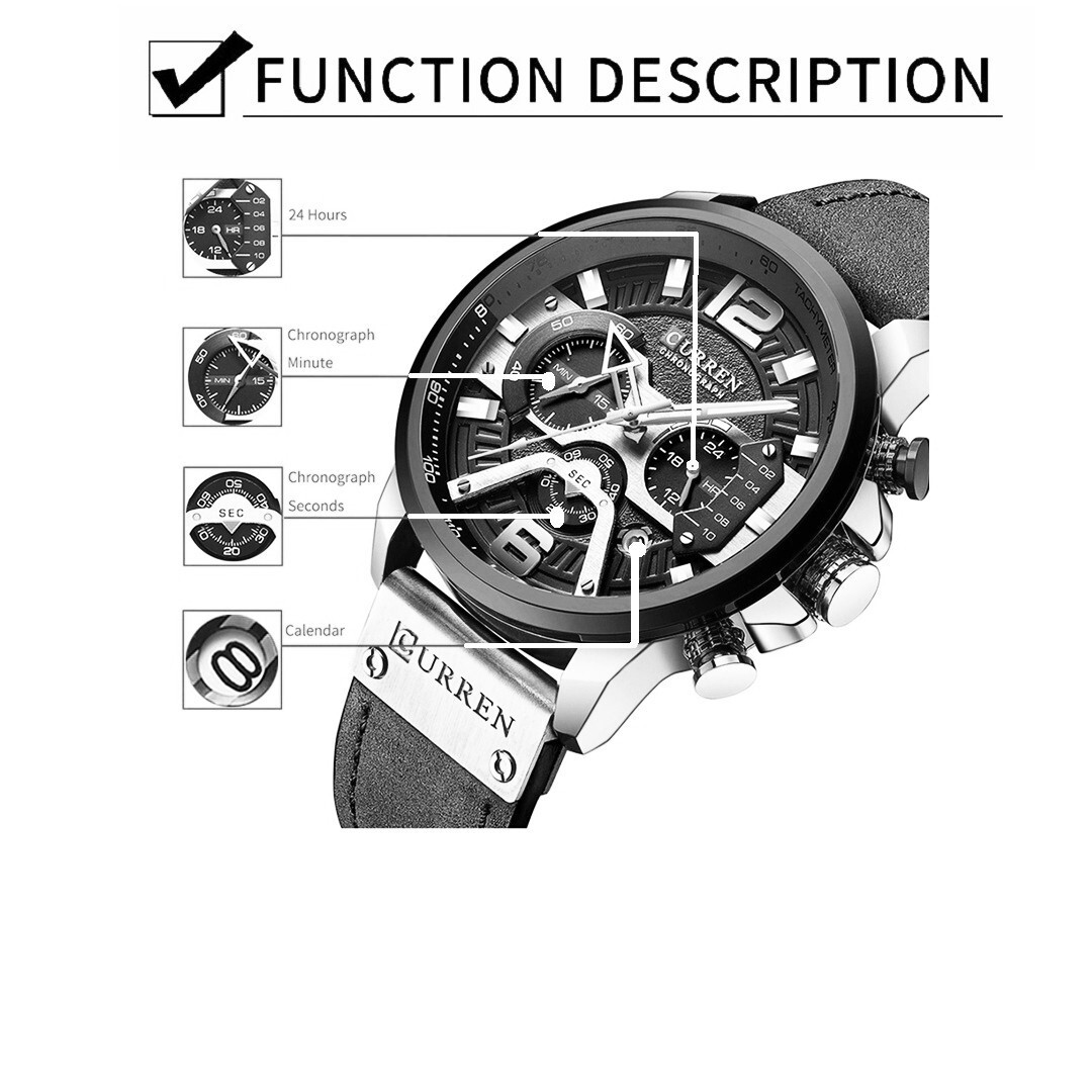 CURREN Men's Watch Multiple Time Zone Dial Date Display Leather Strap Quart Clock Black 8329