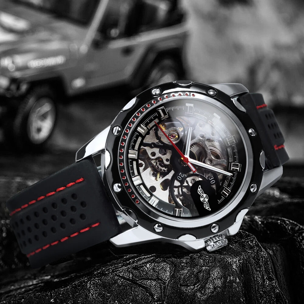 WINNER Men's Outdoor Automatic Mechanical Watch – Luxury Black Skeleton Design with Luminous Hands & Rubber Strap