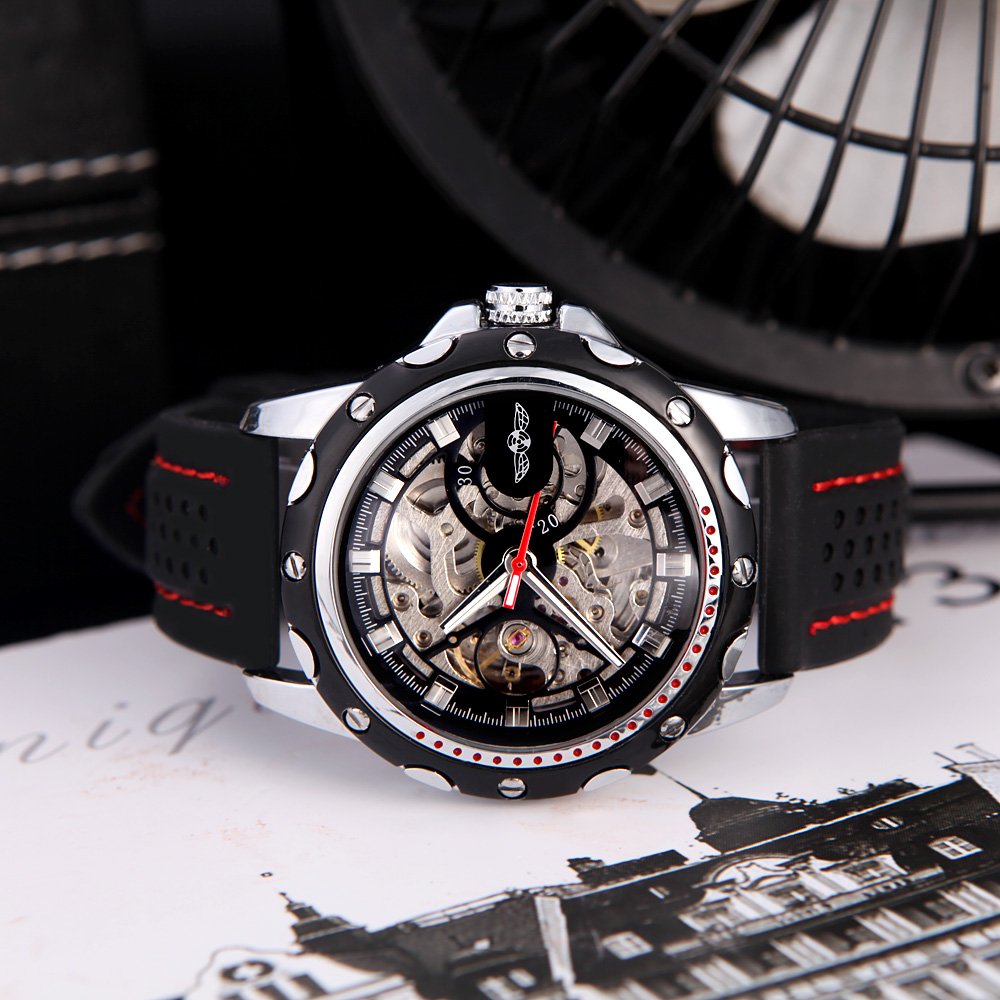 WINNER Men's Outdoor Automatic Mechanical Watch – Luxury Black Skeleton Design with Luminous Hands & Rubber Strap