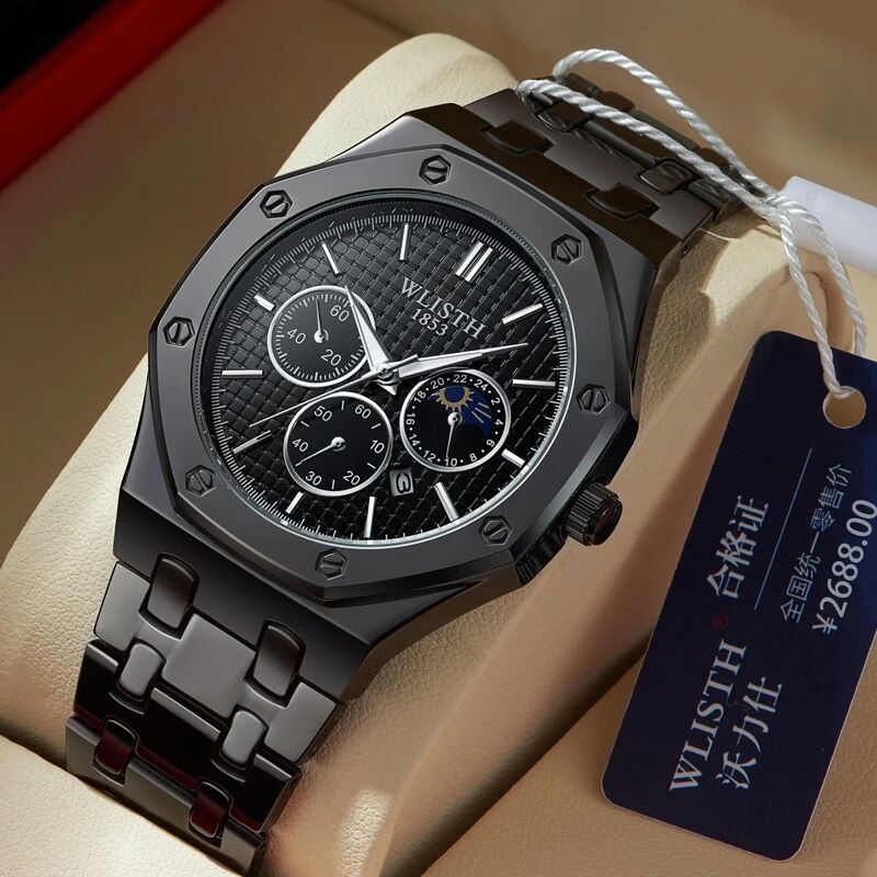 WLISTH 6149 Alloy Strap Business Quartz Watch Luminous Wrist Watch with Calendar Black Men