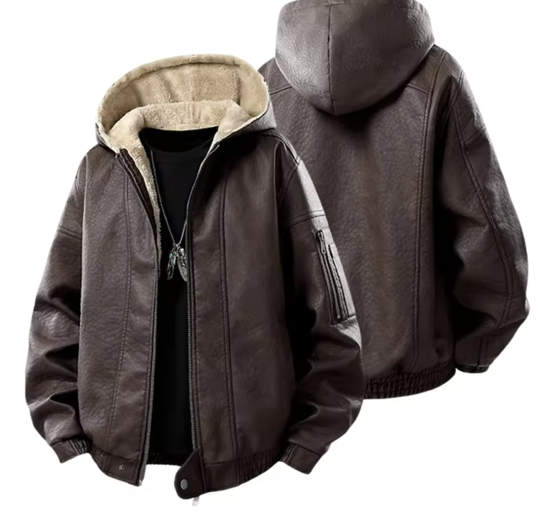 Men's Brown Faux Leather Hooded Jacket
