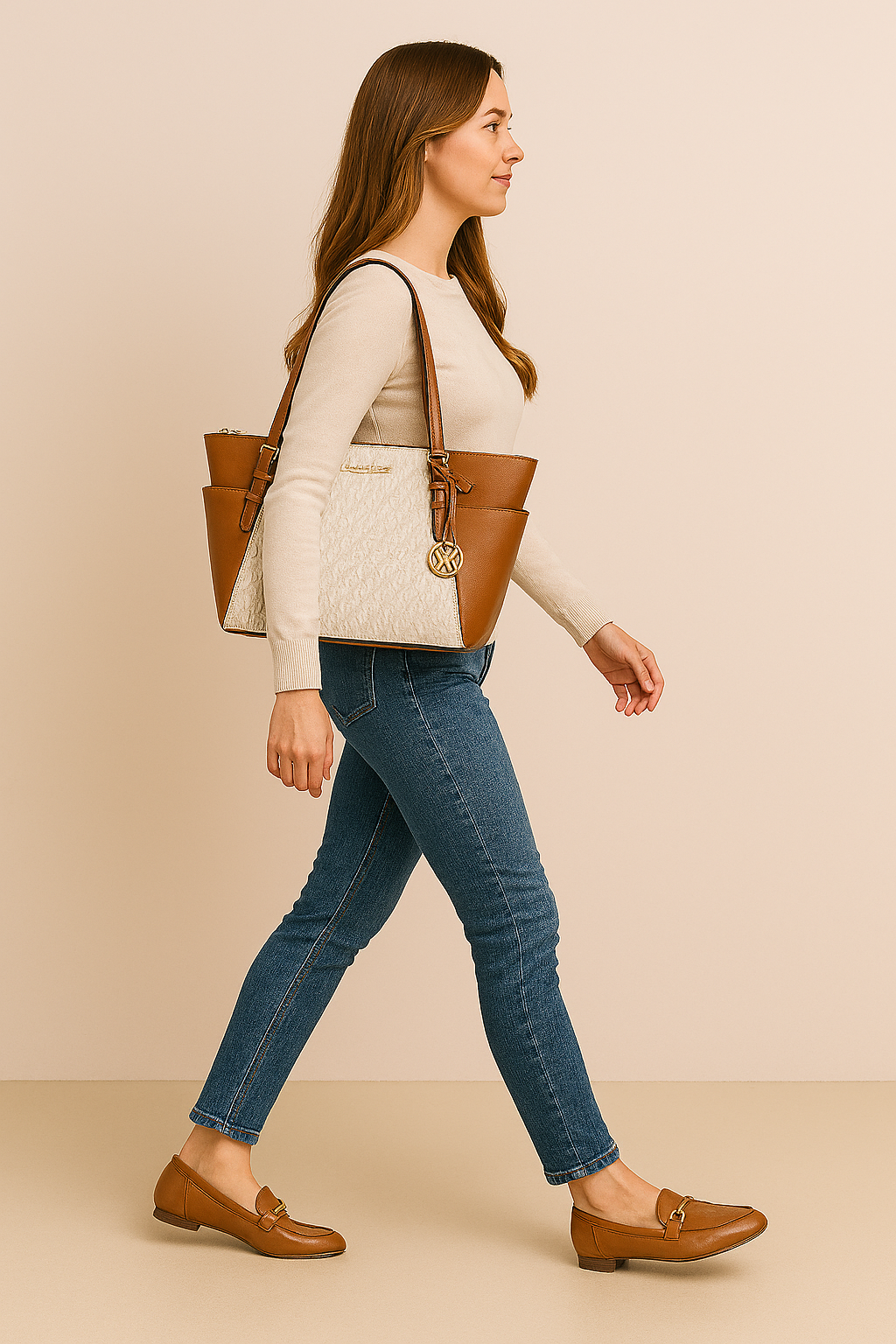 Michael kors Charlotte Large Logo and Leather Top-Zip Tote Bag - Vanilla