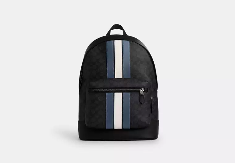 Coach West Backpack In Signature Canvas With Varsity Stripe Colour Gunmetal Charcoal Denim Chalk
