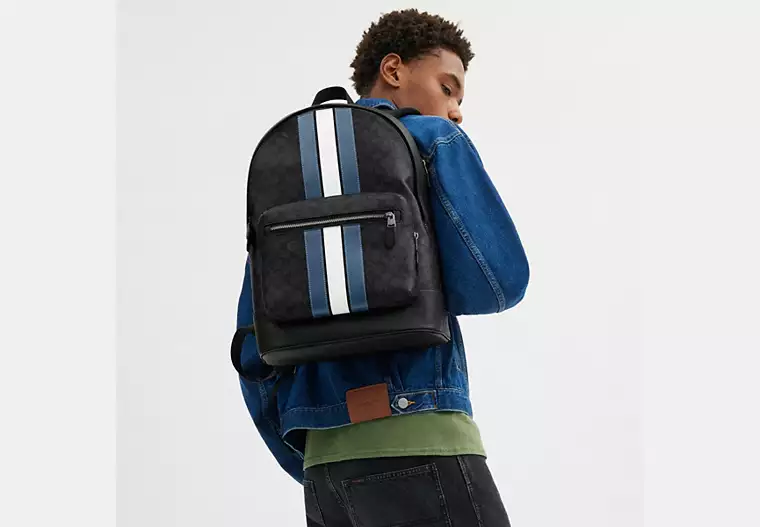 Coach West Backpack In Signature Canvas With Varsity Stripe Colour Gunmetal Charcoal Denim Chalk