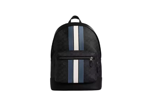 Coach West Backpack In Signature Canvas With Varsity Stripe Colour Gunmetal Charcoal Denim Chalk
