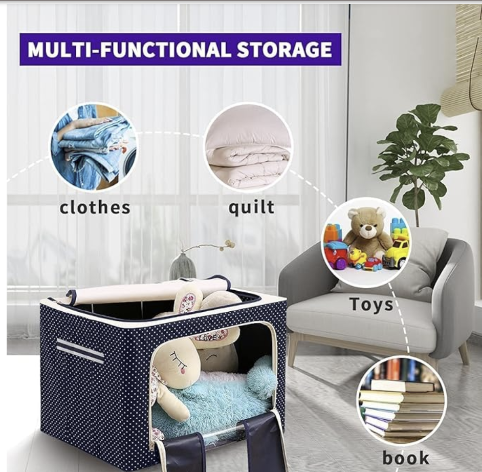 Foldable Steel Frame Clothes Organizer Storage Box for Wardrobe With Zipper With Handle Organizer (Blue Dot, (24 Ltr)