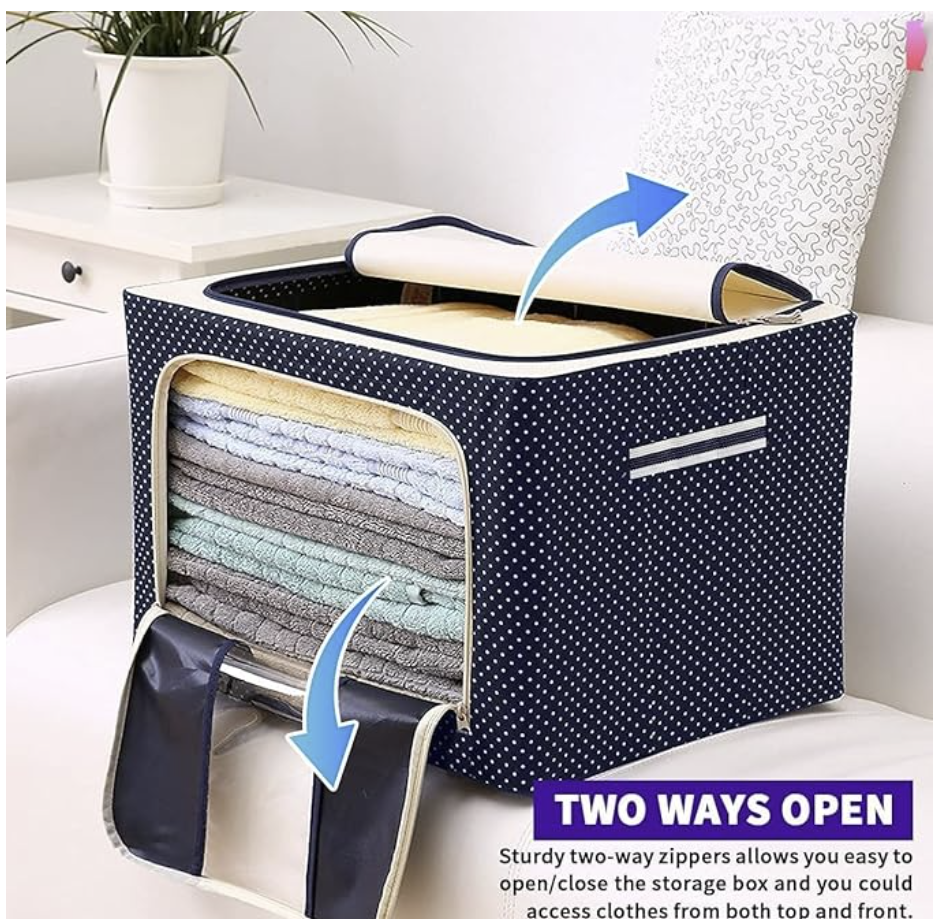 Foldable Steel Frame Clothes Organizer Storage Box for Wardrobe With Zipper With Handle Organizer (Blue Dot, (24 Ltr)