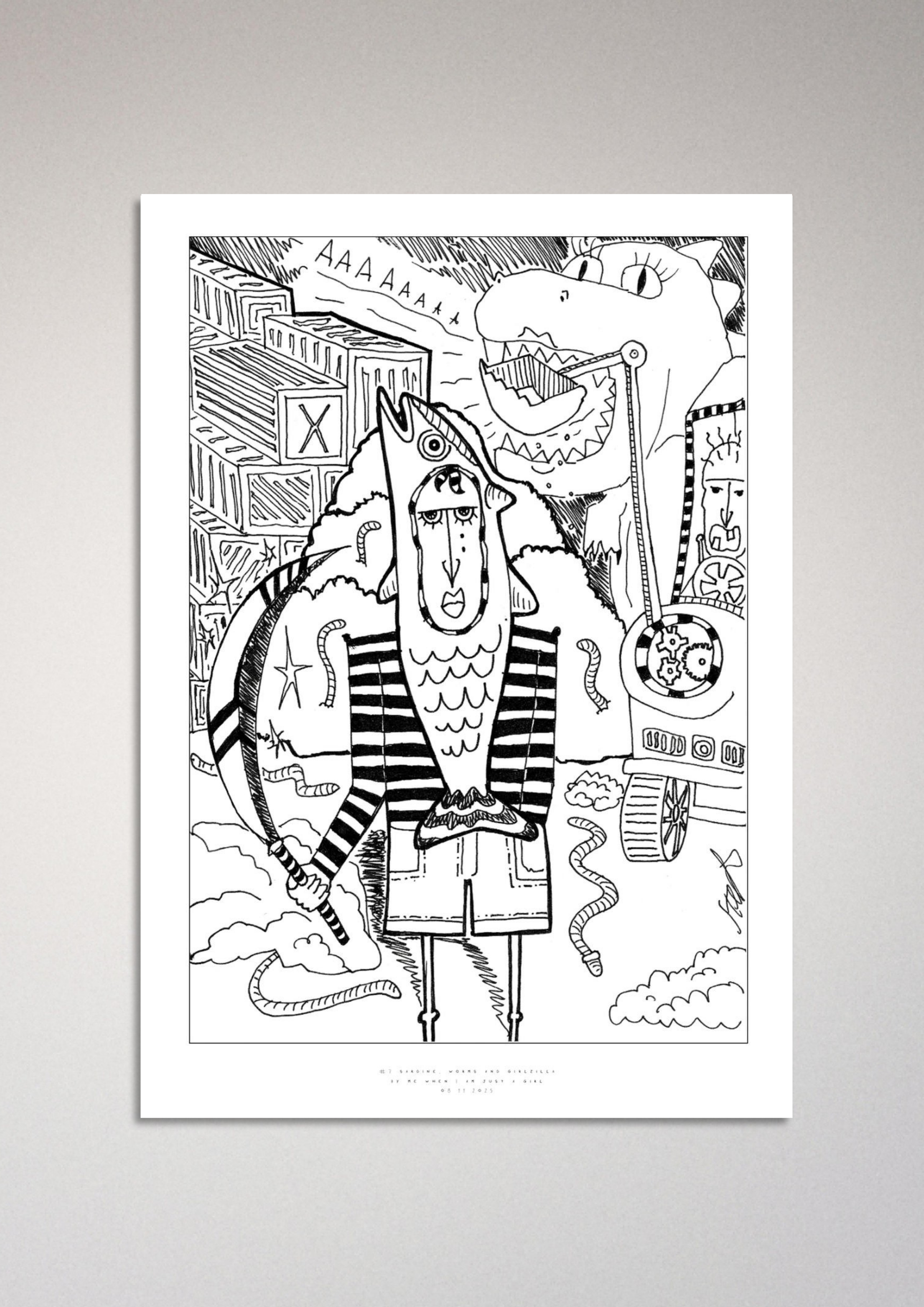 #7 Sardine, worm and girlzilla  -Semi-Glossy Paper Poster