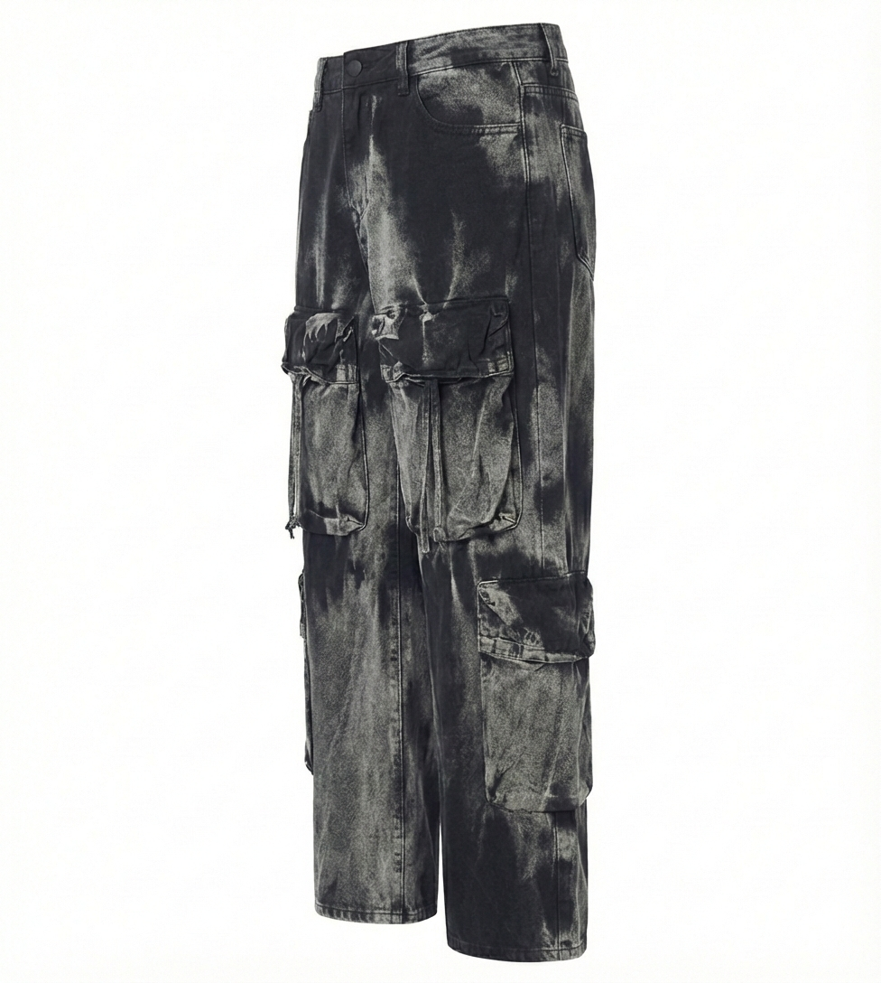 Relaxed Fit Black Washed Cargo Pants with Multi-Pockets