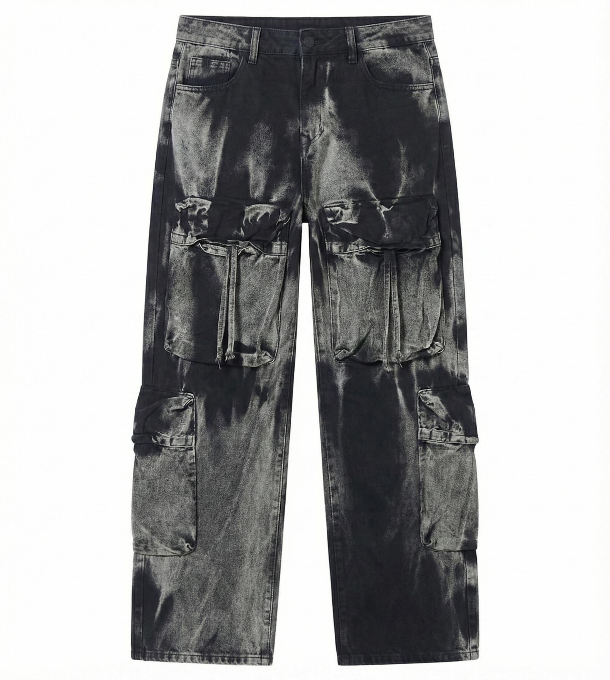 Relaxed Fit Black Washed Cargo Pants with Multi-Pockets