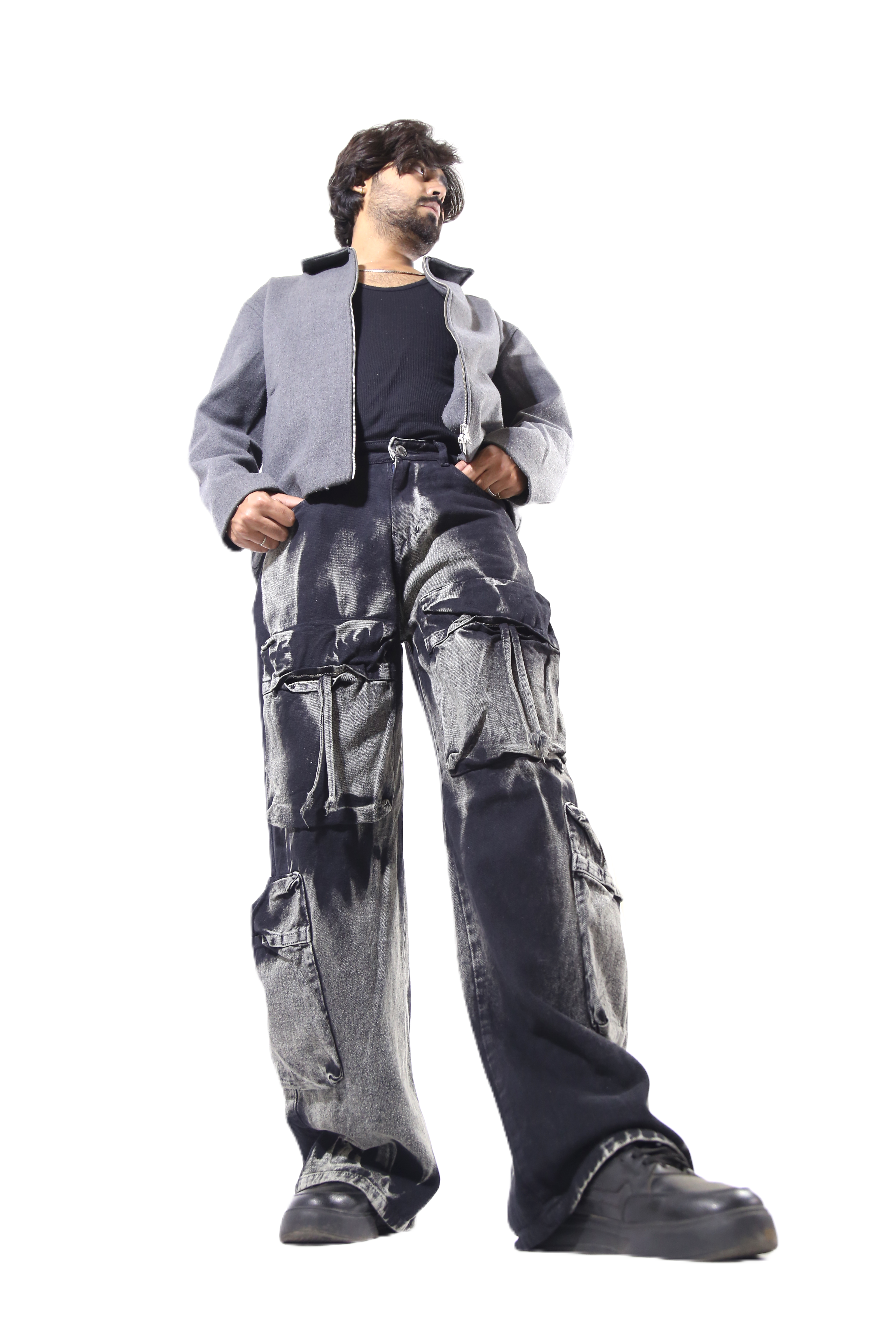 Relaxed Fit Black Washed Cargo Pants with Multi-Pockets