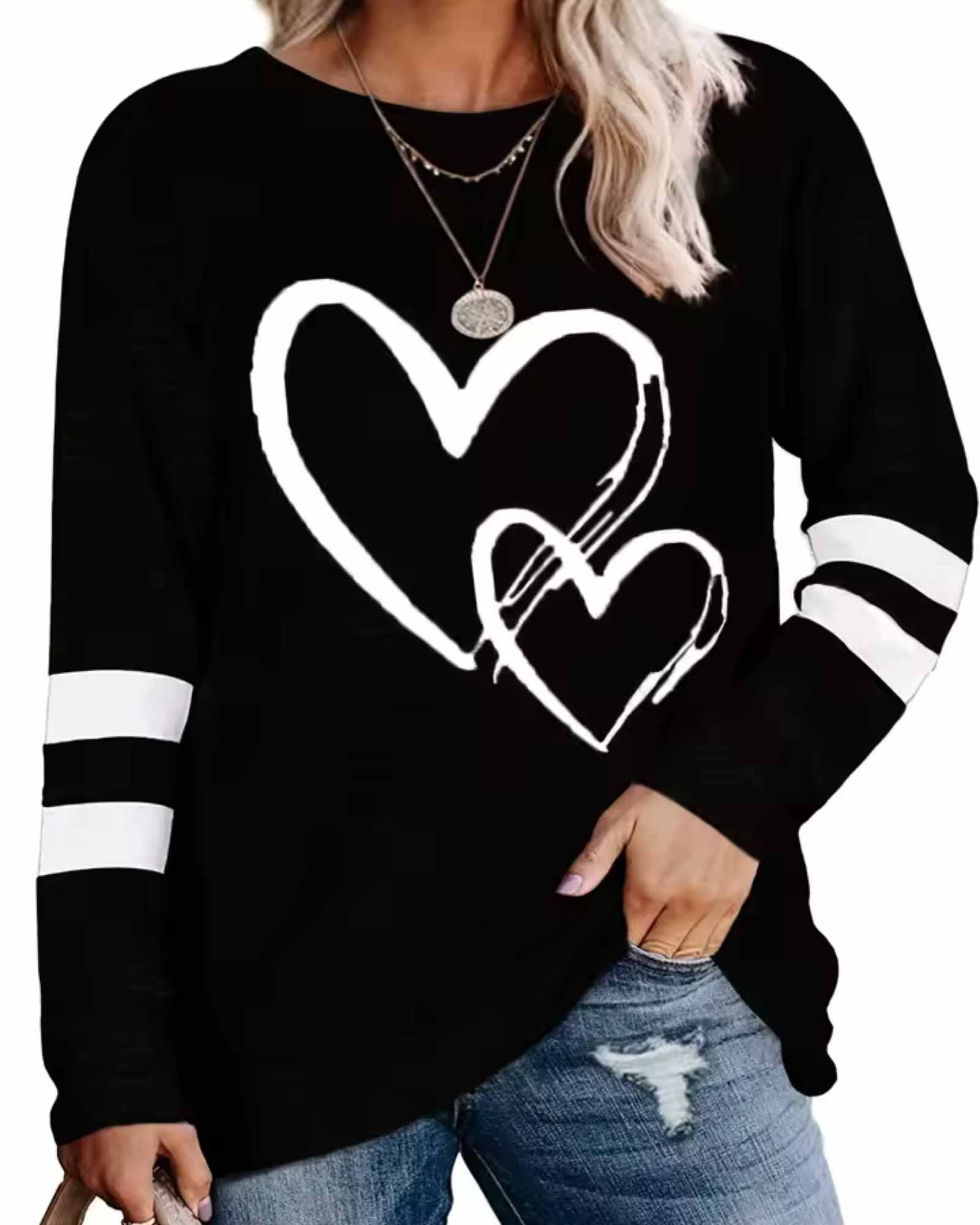 Heart Print Eyelet Long Sleeve T-Shirt