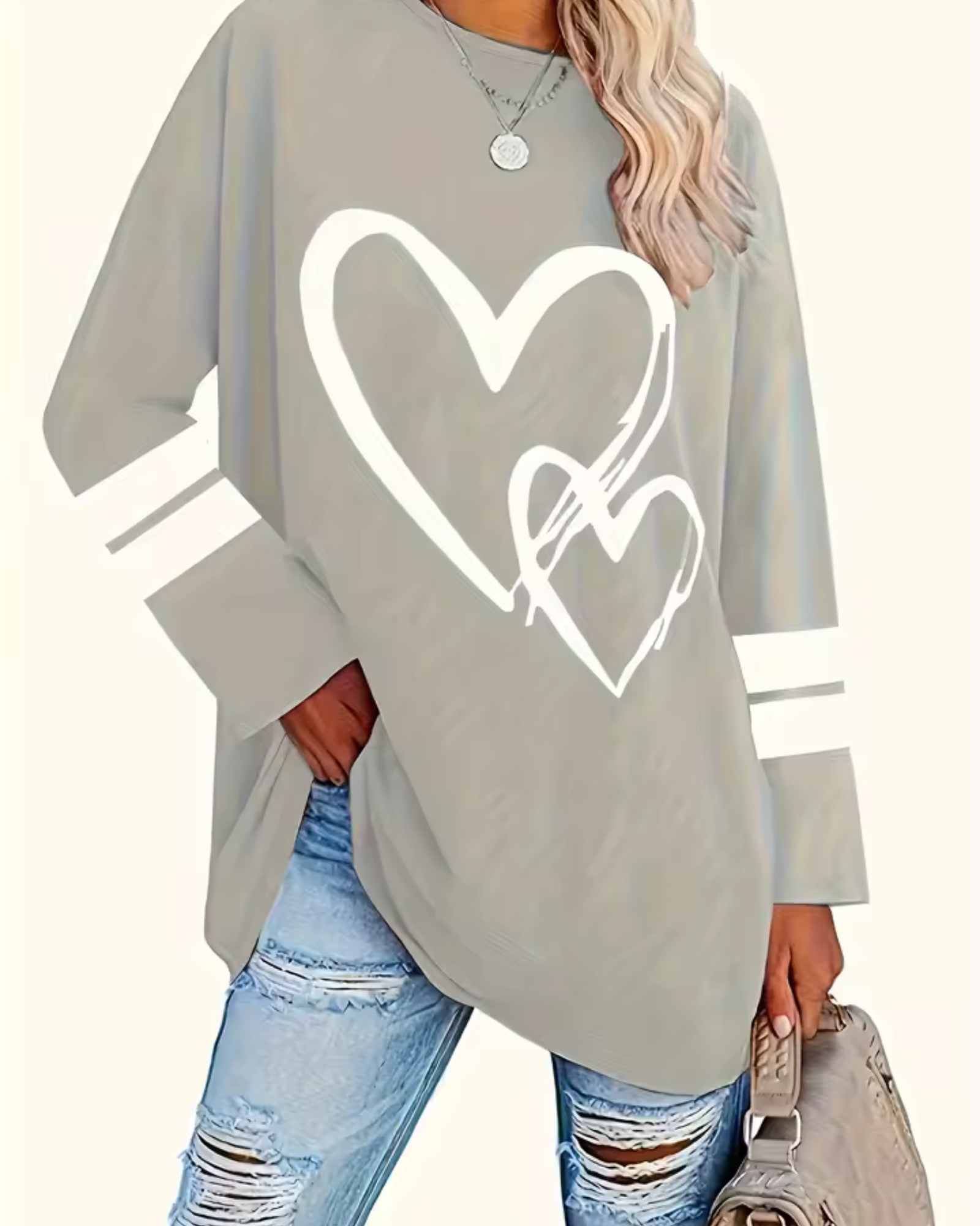 Heart Print Eyelet Long Sleeve T-Shirt