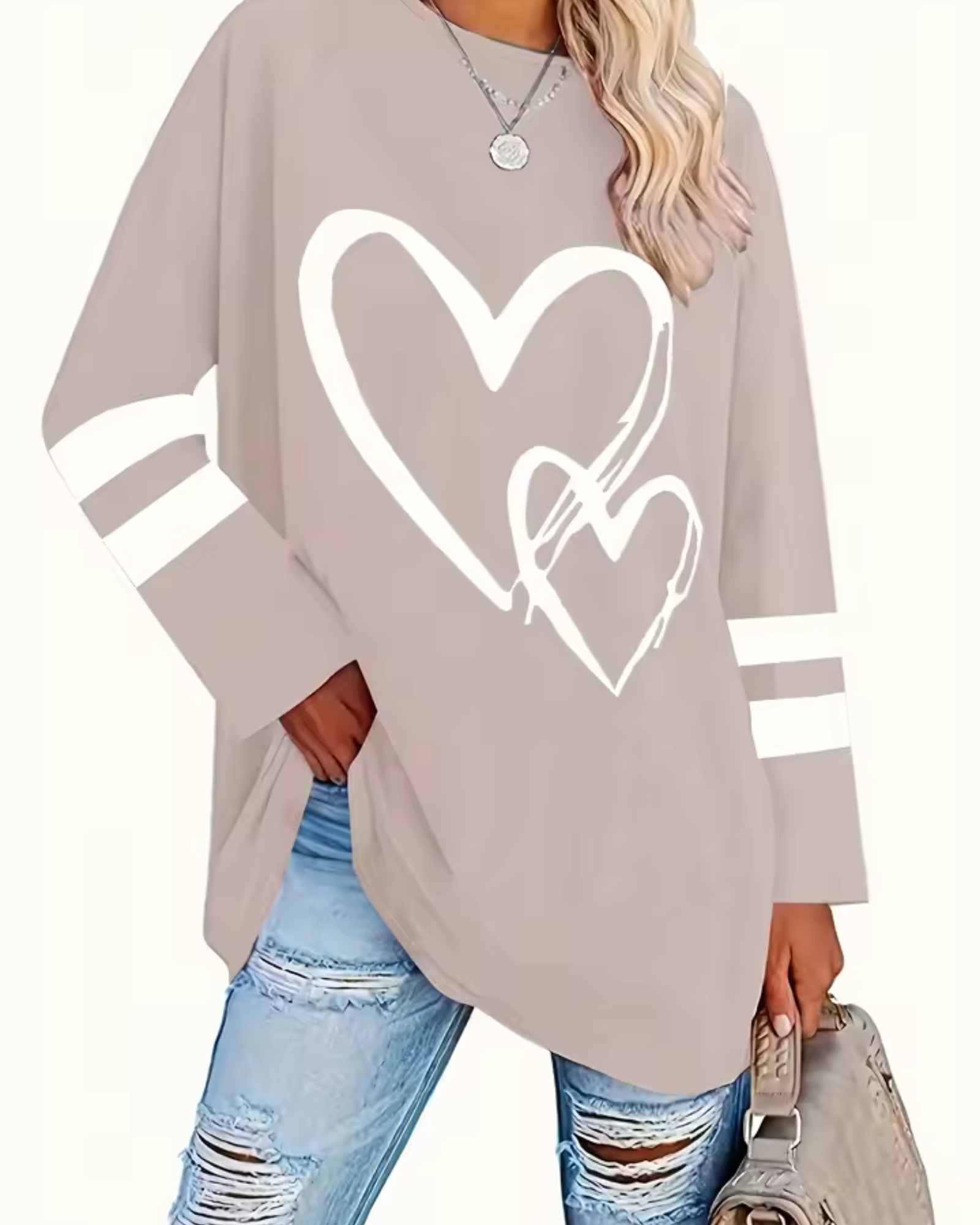 Heart Print Eyelet Long Sleeve T-Shirt