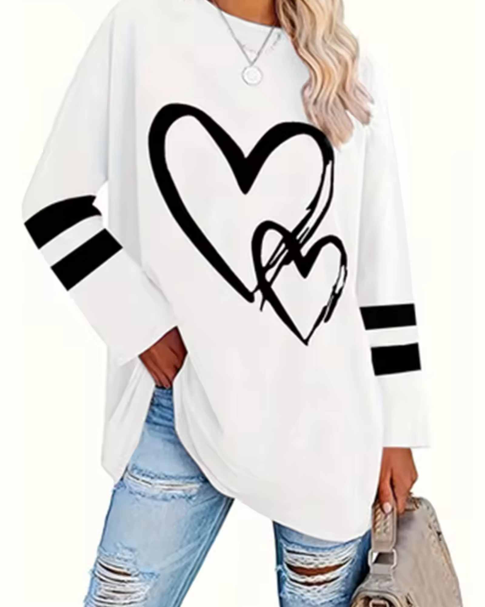 Heart Print Eyelet Long Sleeve T-Shirt