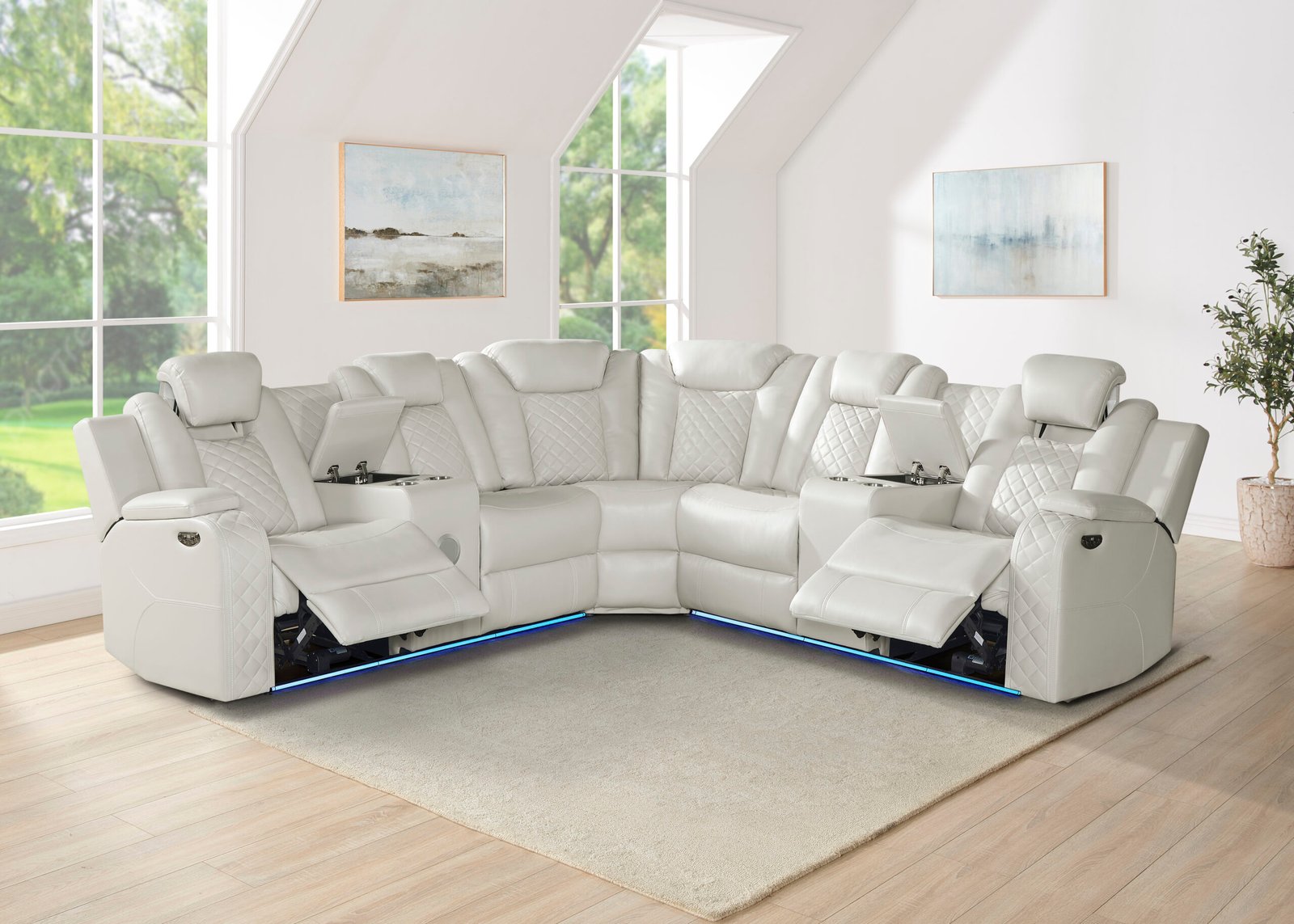Reese Modern Ice White Power Reclining Sectional with LED & Audio