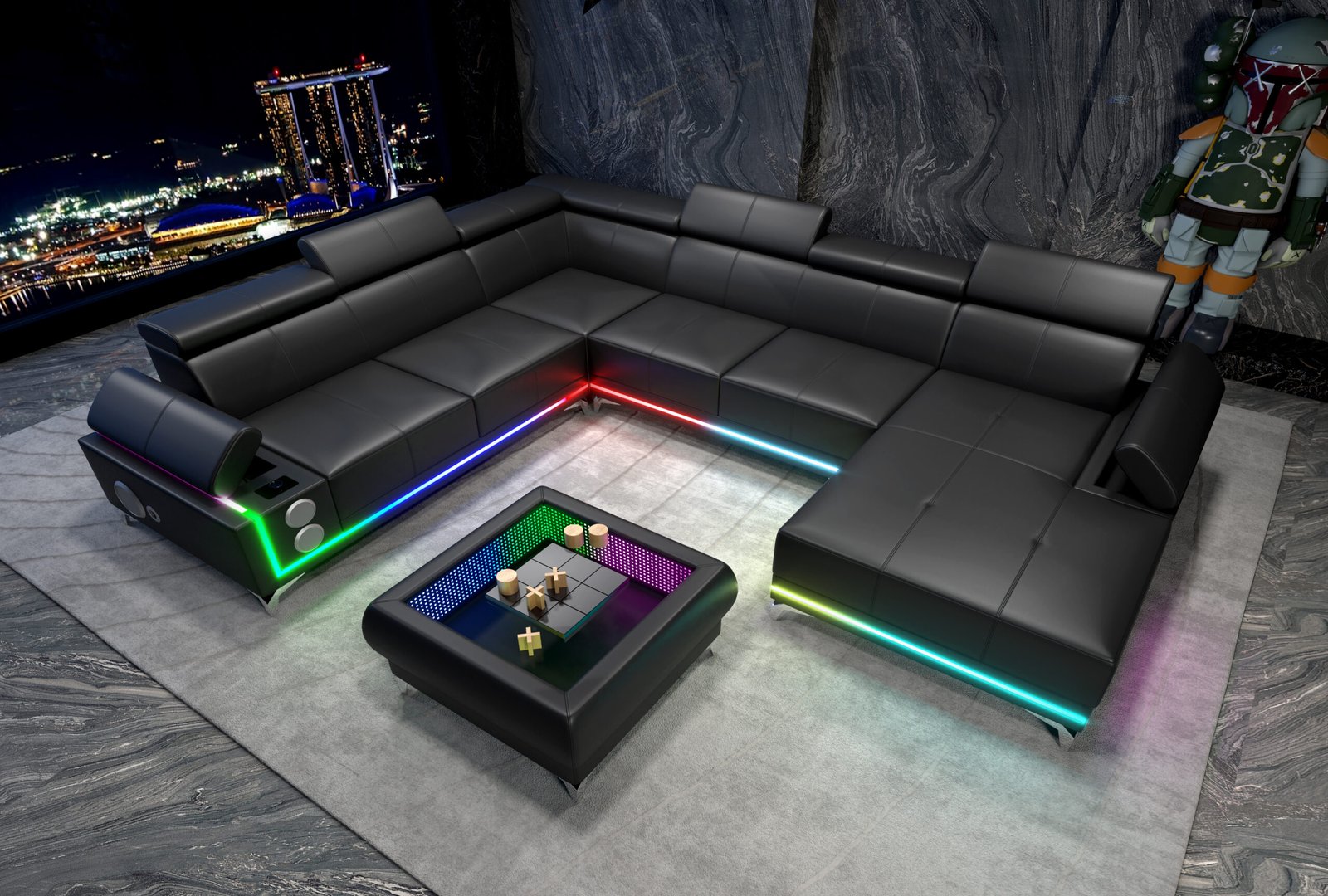 Raya Modern Black Power Reclining Sectional with Subwoofer & LED