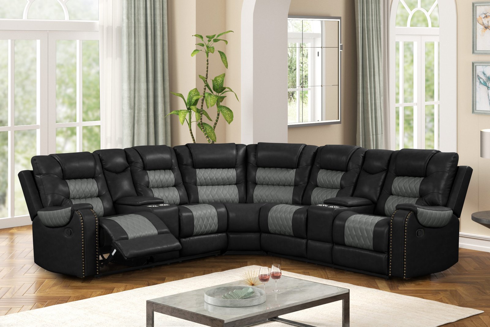 Ohio Modern Black & Gray Manual Reclining Sectional with Console & Power