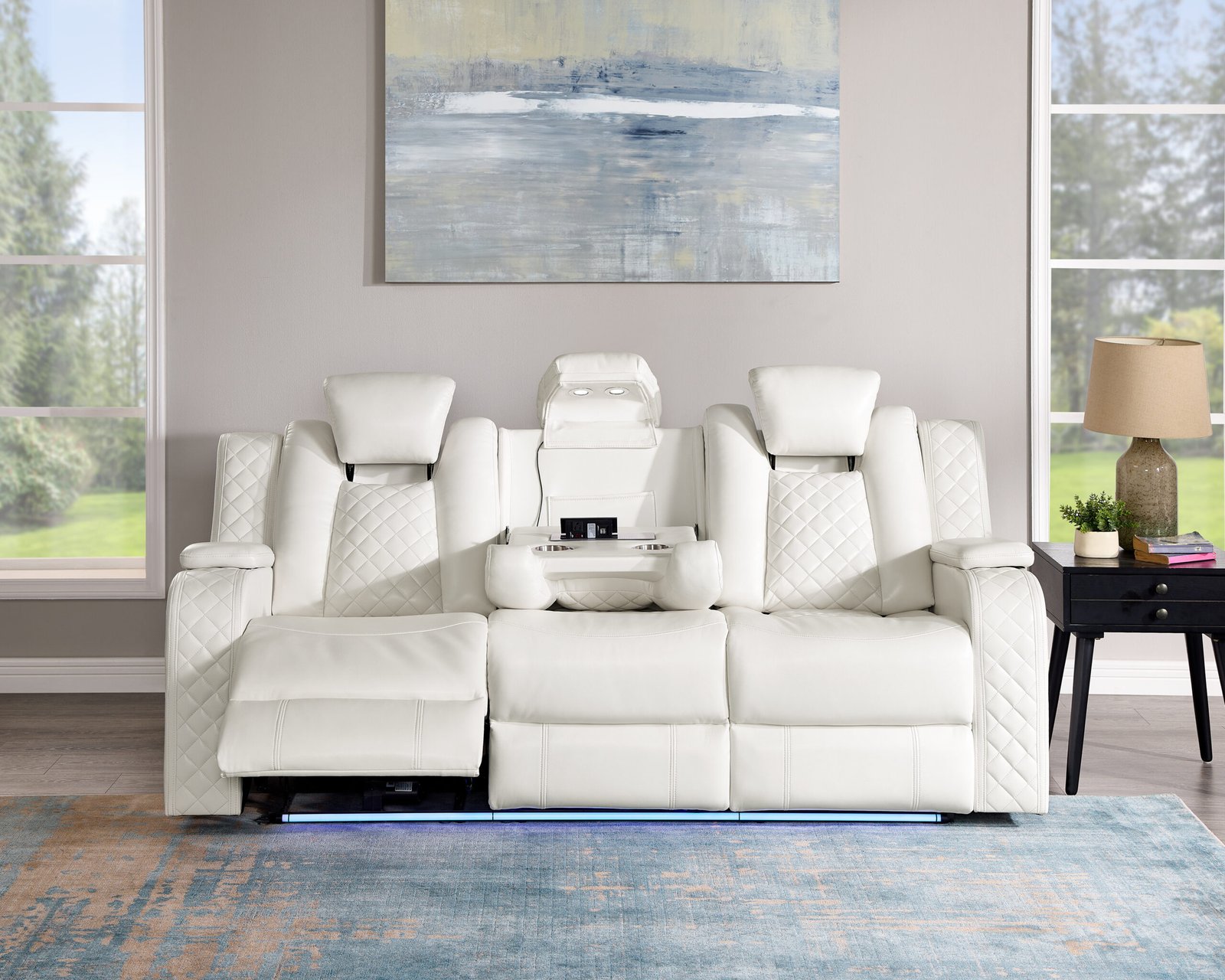 Bella Signature White Power Reclining Sofa with LED & Drop-Down Table