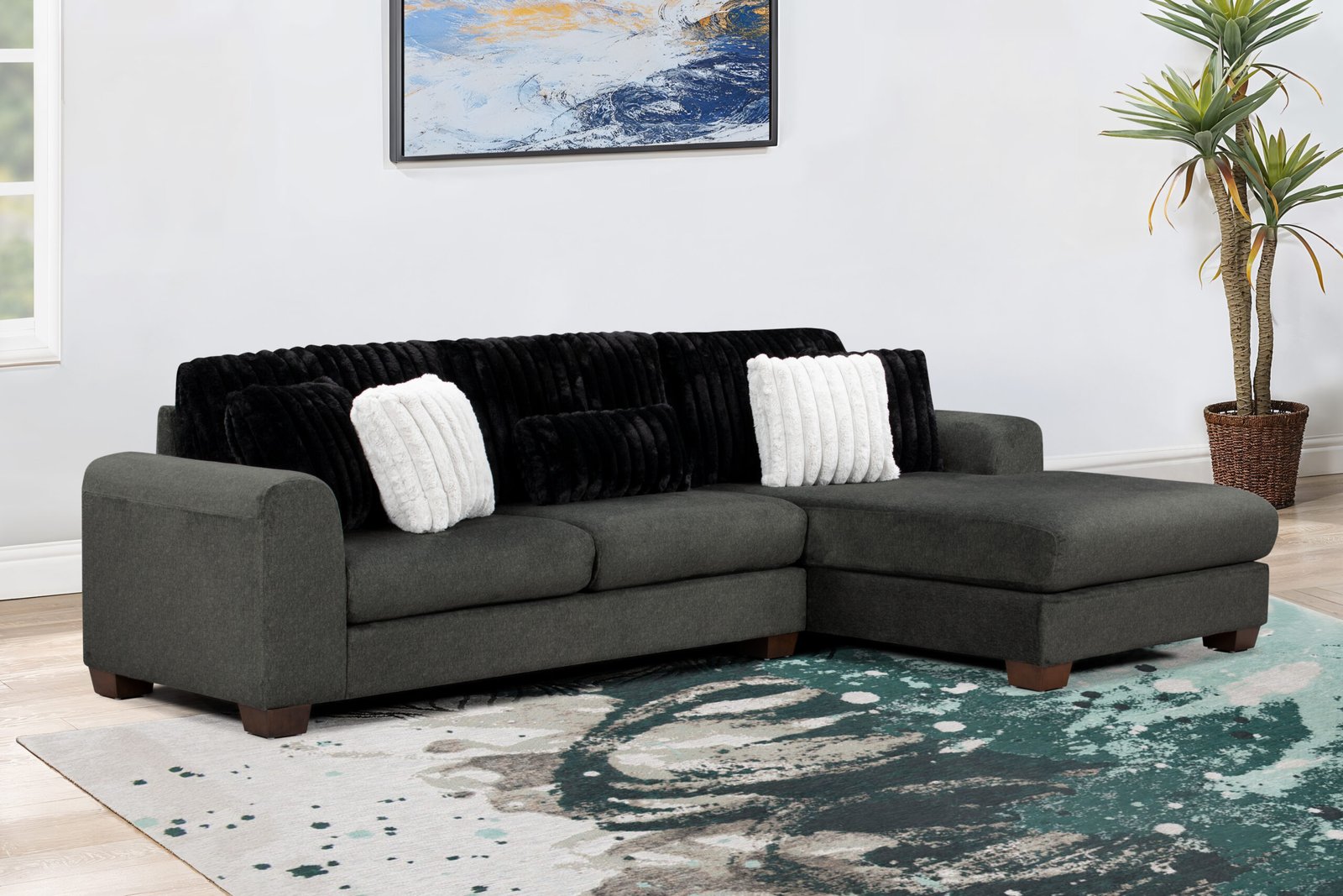 Haisley Modern Dark Gray Corduroy Sectional with Pillow-Top Arms