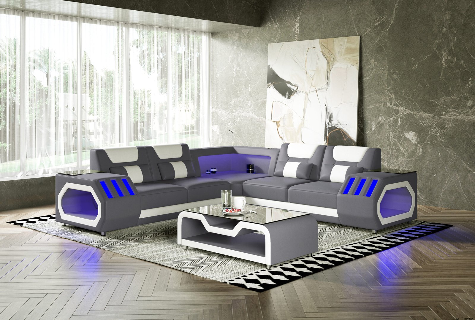 Enchanted Modern Gray & White Stationary Sectional with LED & Audio