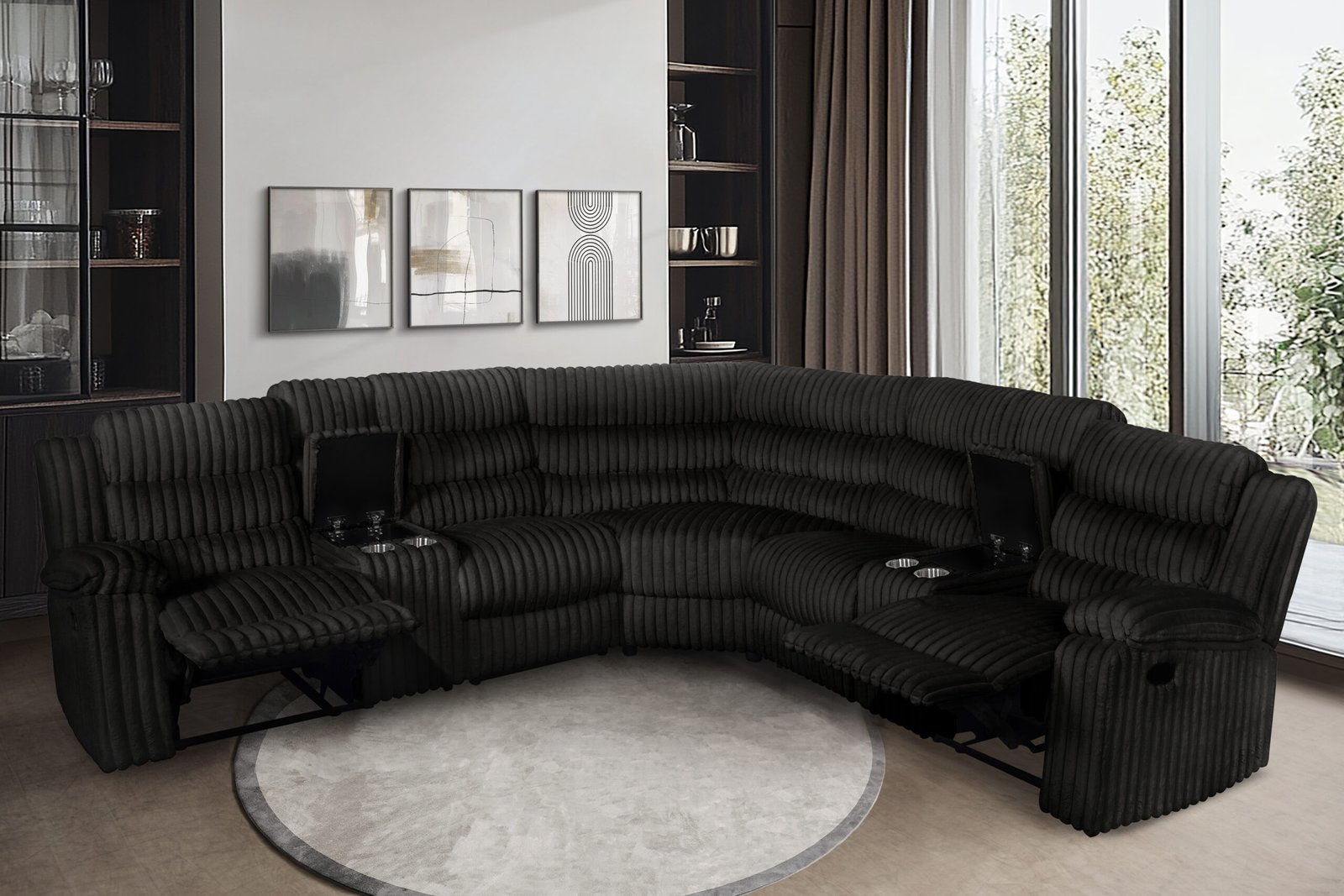 Nexus Modern Black Corduroy Manual Reclining Sectional with Console
