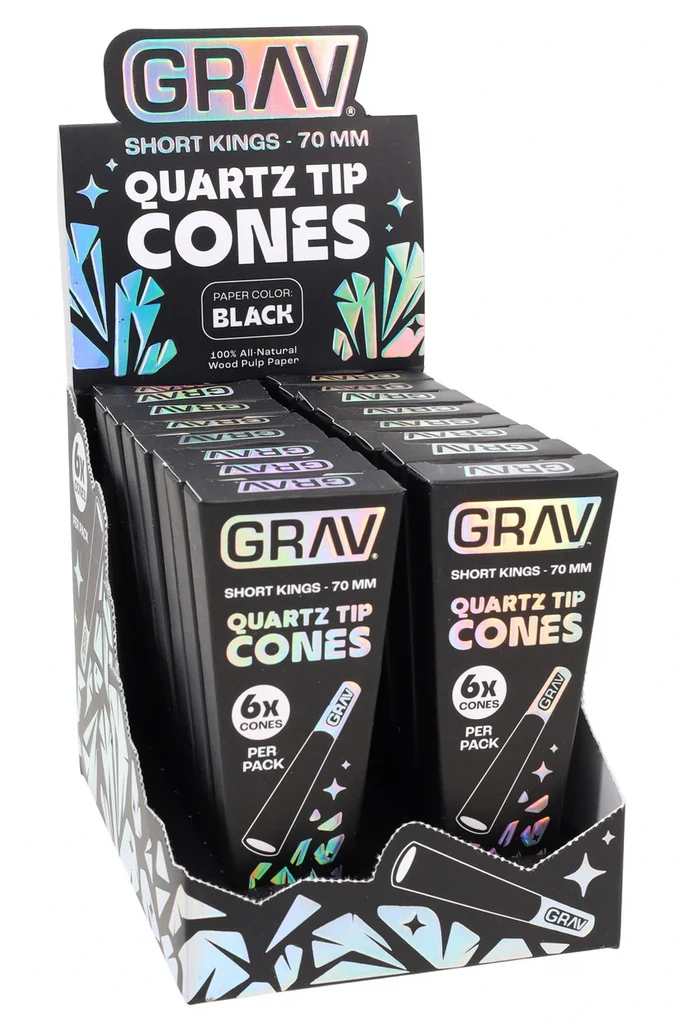 GRAV SHORT KINGS 70MM QUARTZ TIP CONES 6PC BLACK 16 PACK POP DISPLAY GV.QTCB.70.DISP(PK)