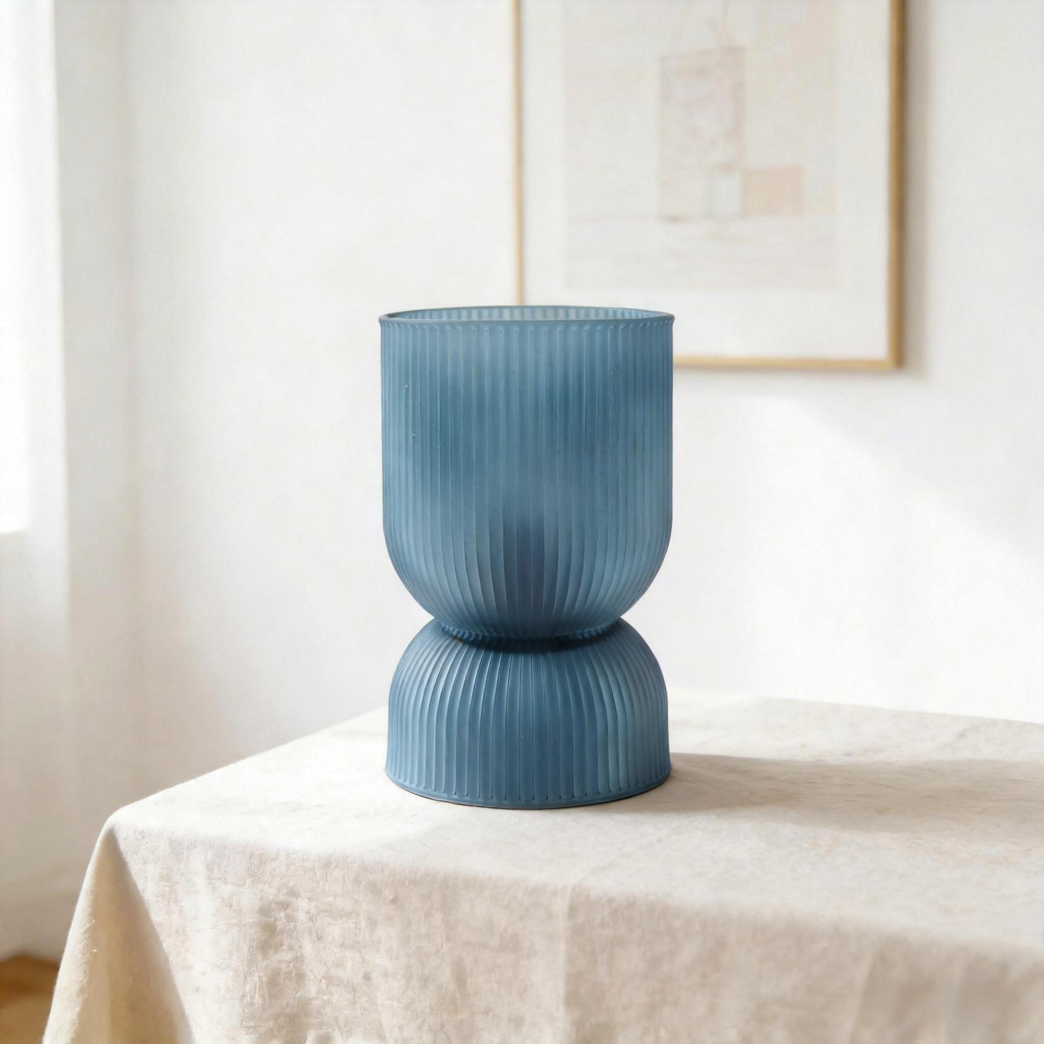 Blue Ribbed Ceramic Vase 24AD088