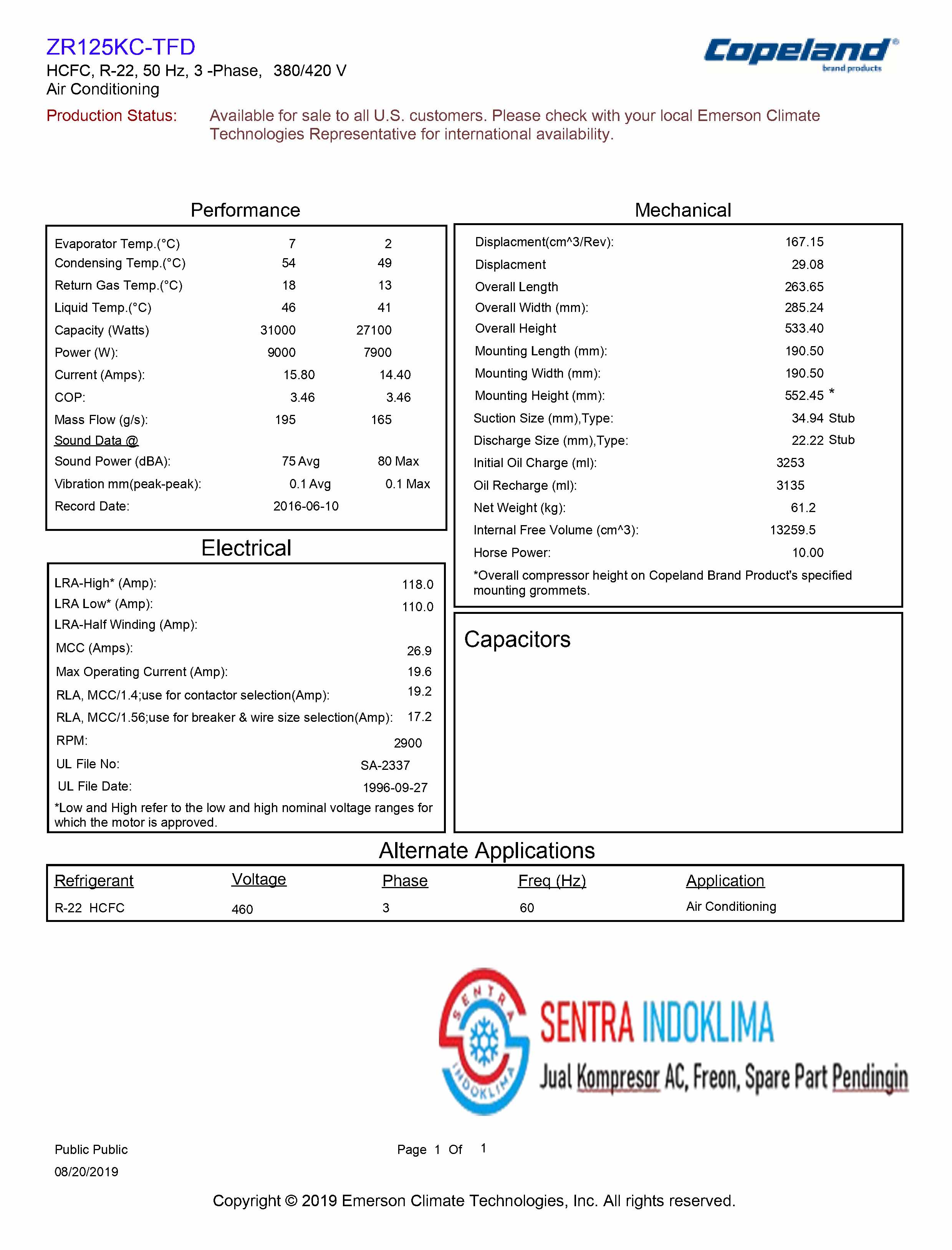 Kompresor AC Emerson Copeland Scroll ZR125KC-TFD-522