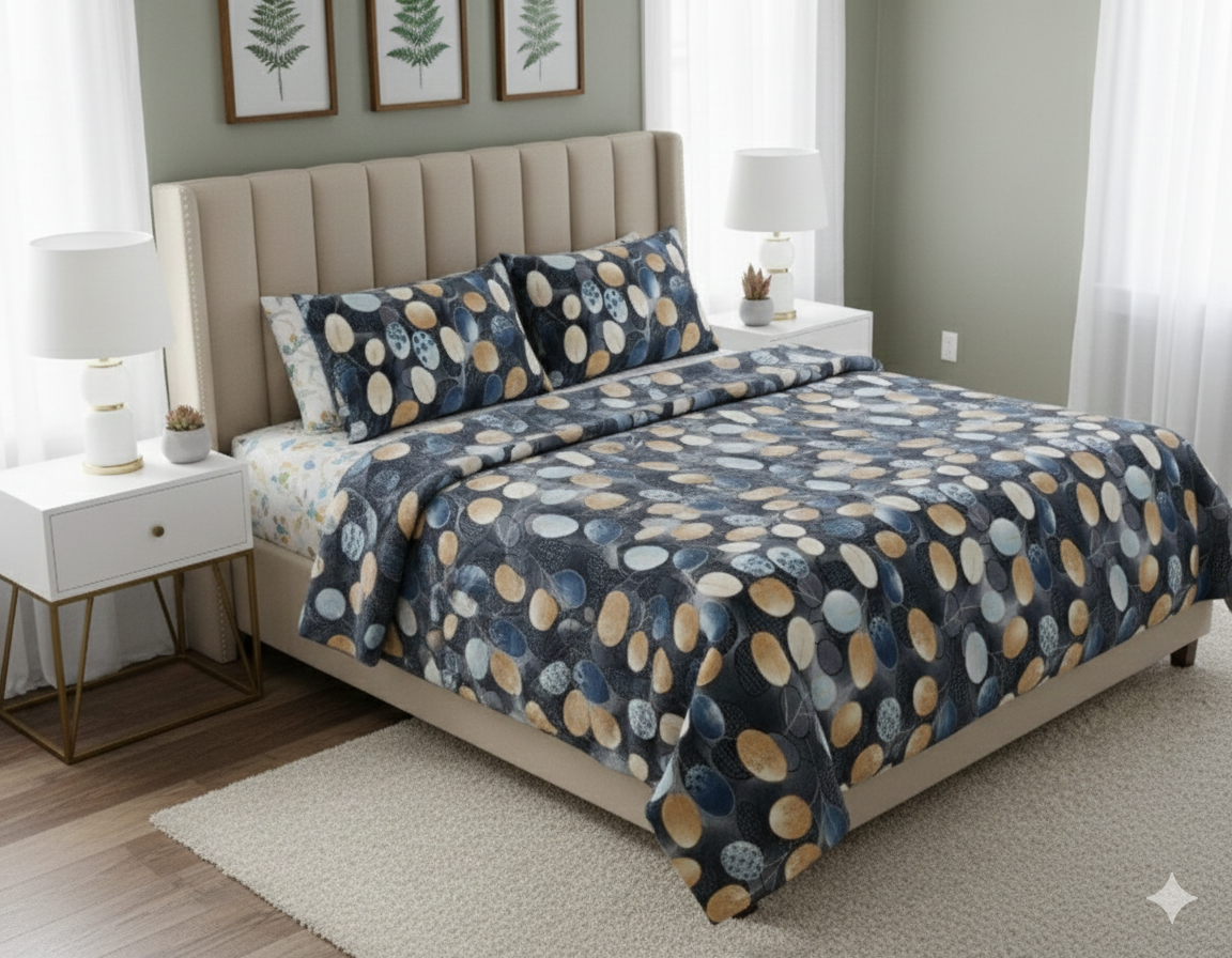 Winter Warm Contemporary Midnight Pebble Leaf Print Bedspread Set – Deep Navy with Gold & Sky Blue Accents