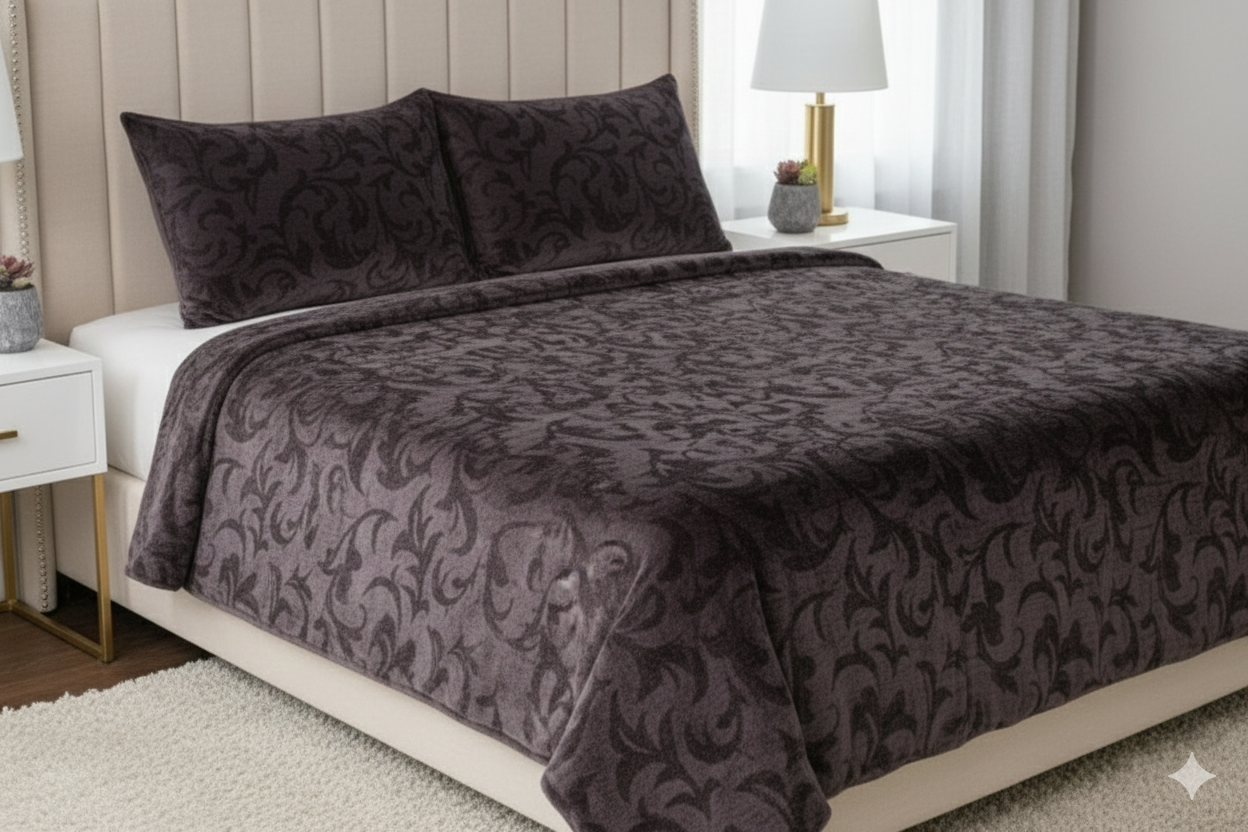 Winter Warm Premium Quality Deep Plum Embossed Velvet-Touch Bedsheet Set