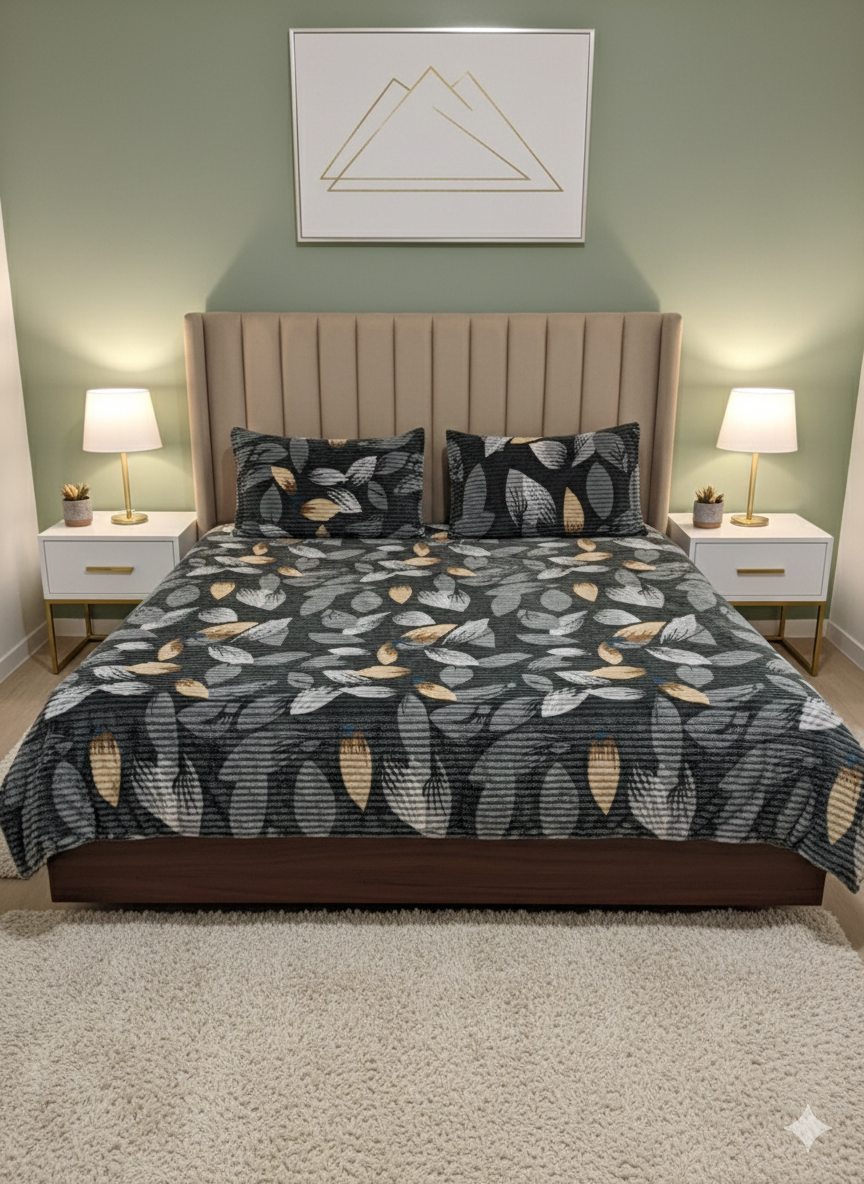 Winter Warm Leaf Patterned Warm Pencil Design Bedsheet