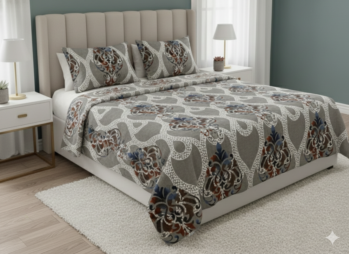 Winter Warm Modern Ogee Damask  Bedding Set – Slate Grey with Rust & Indigo Accents