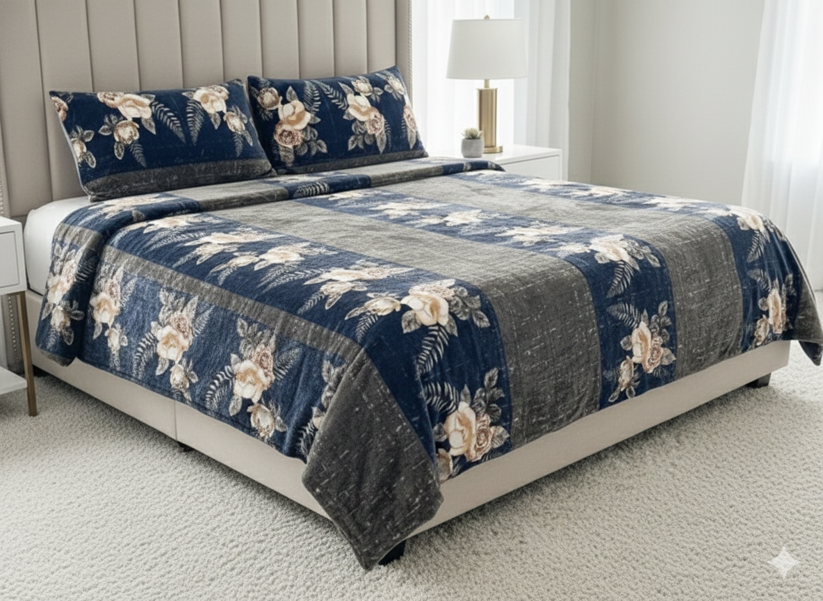 Winter Warm Premium Quality Vintage Charcoal & Crimson Floral Damask Bedsheet Set