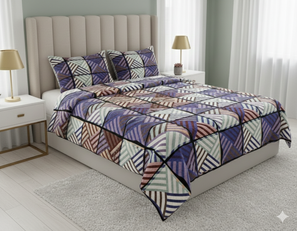 Winter Warm Geometric Patterned Multicolor Bedsheet with Pillow Cover