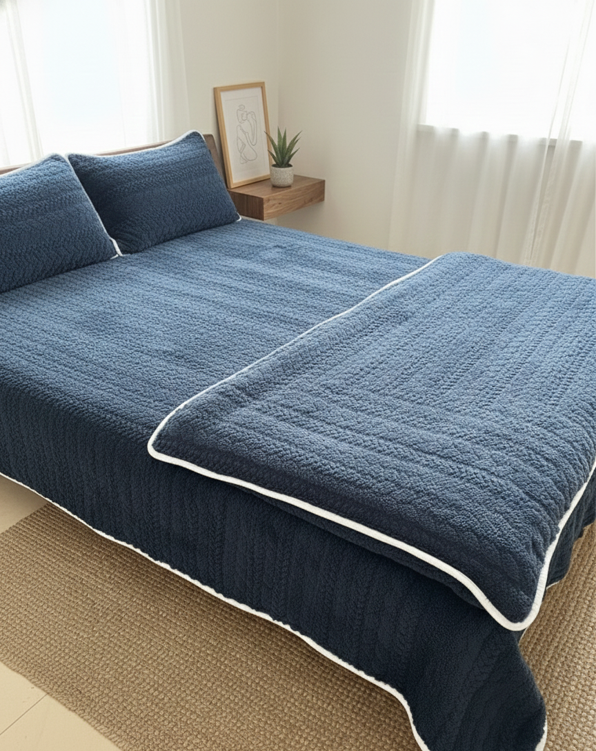 Winter Warm Luxurious Navy Blue Quilted Bedding Set