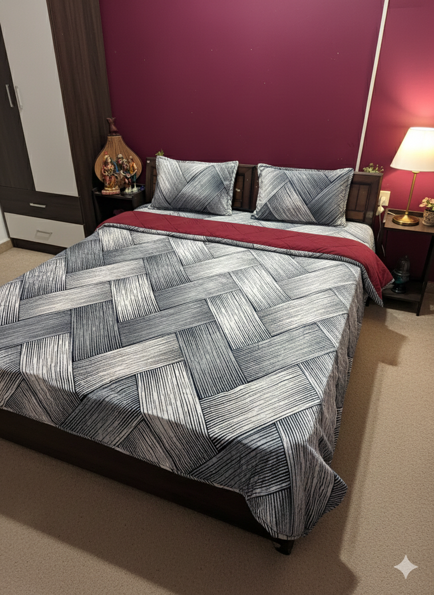 Grey Black Geometric Patterned Warm Goat Bed Sheet Set