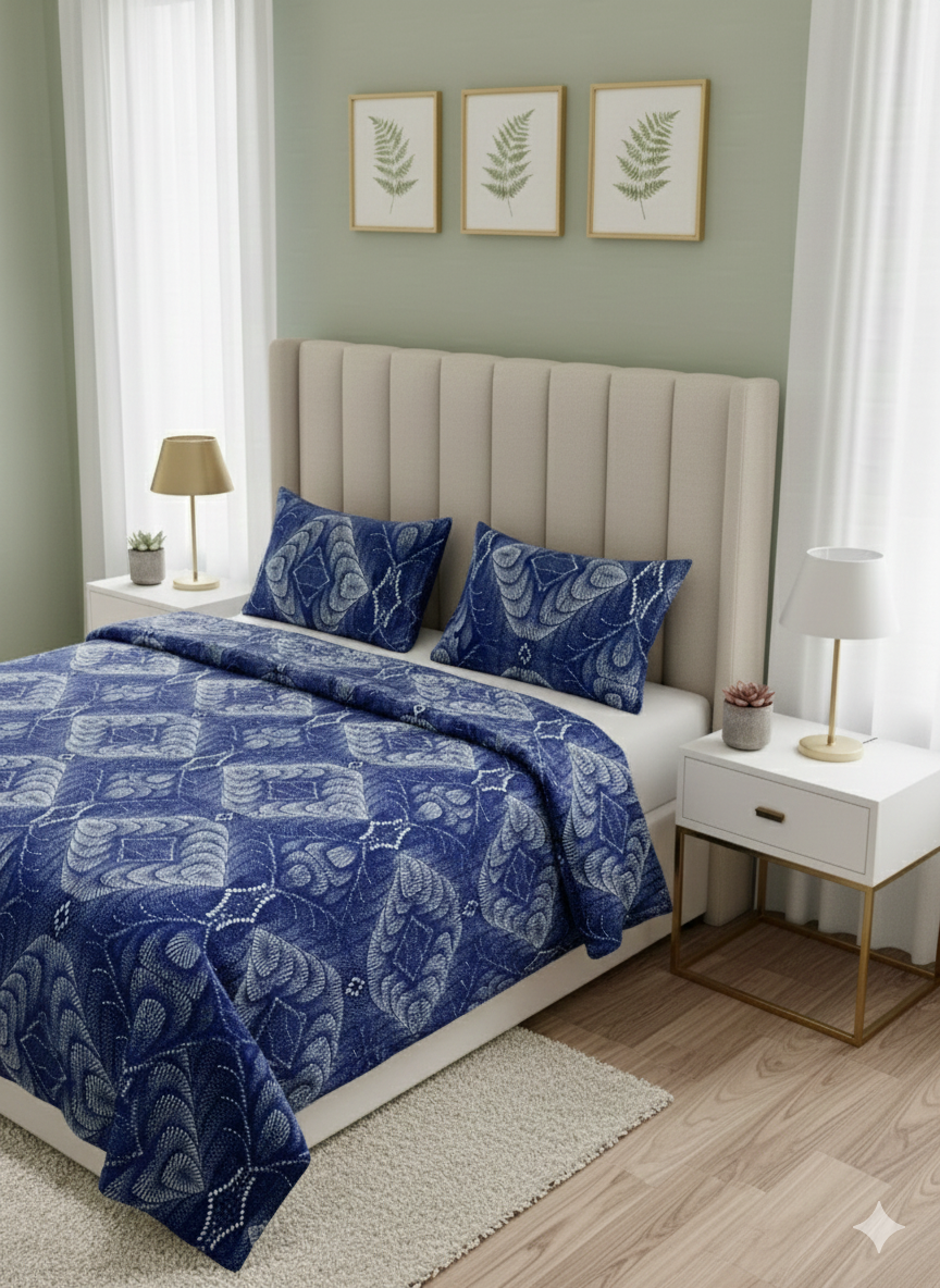 Winter Warm Bohemian Indigo Blue Bedsheet Set – Intricate Geometric Tribal Pattern