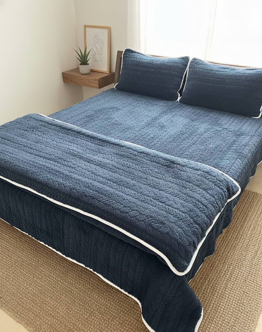Winter Warm Luxurious Navy Blue Quilted Bedding Set