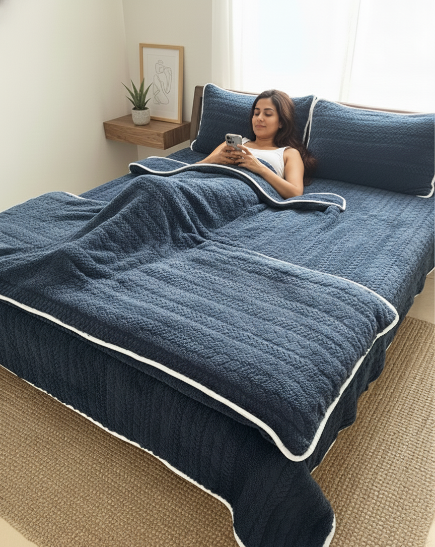 Winter Warm Luxurious Navy Blue Quilted Bedding Set