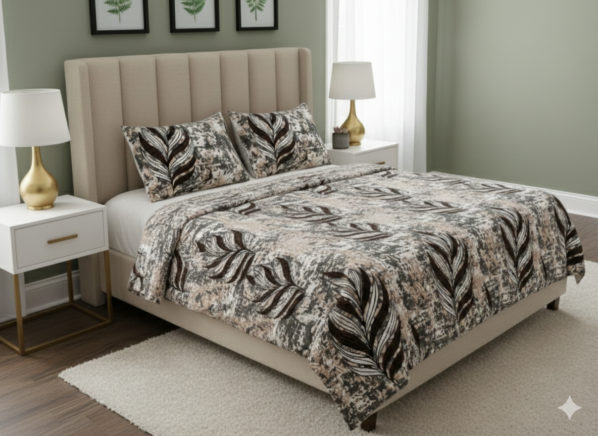 Winter Warm Modern Botanical Abstract Leaf Quilt Set – Rustic Earth Tones & Distressed Charcoal