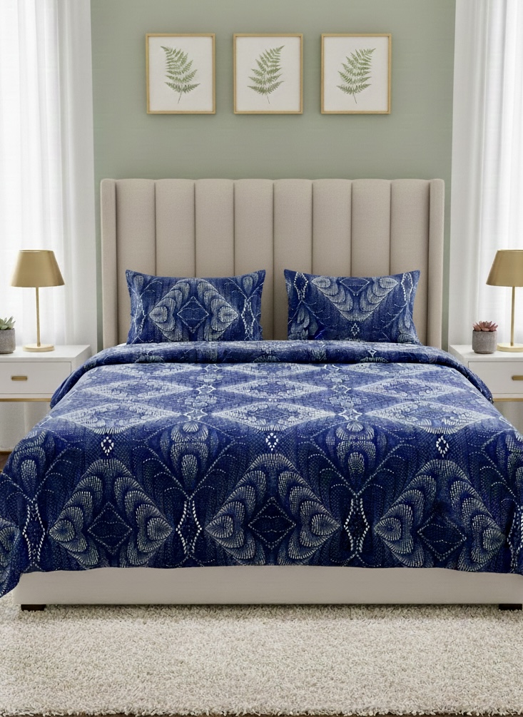 Winter Warm Bohemian Indigo Blue Bedsheet Set – Intricate Geometric Tribal Pattern